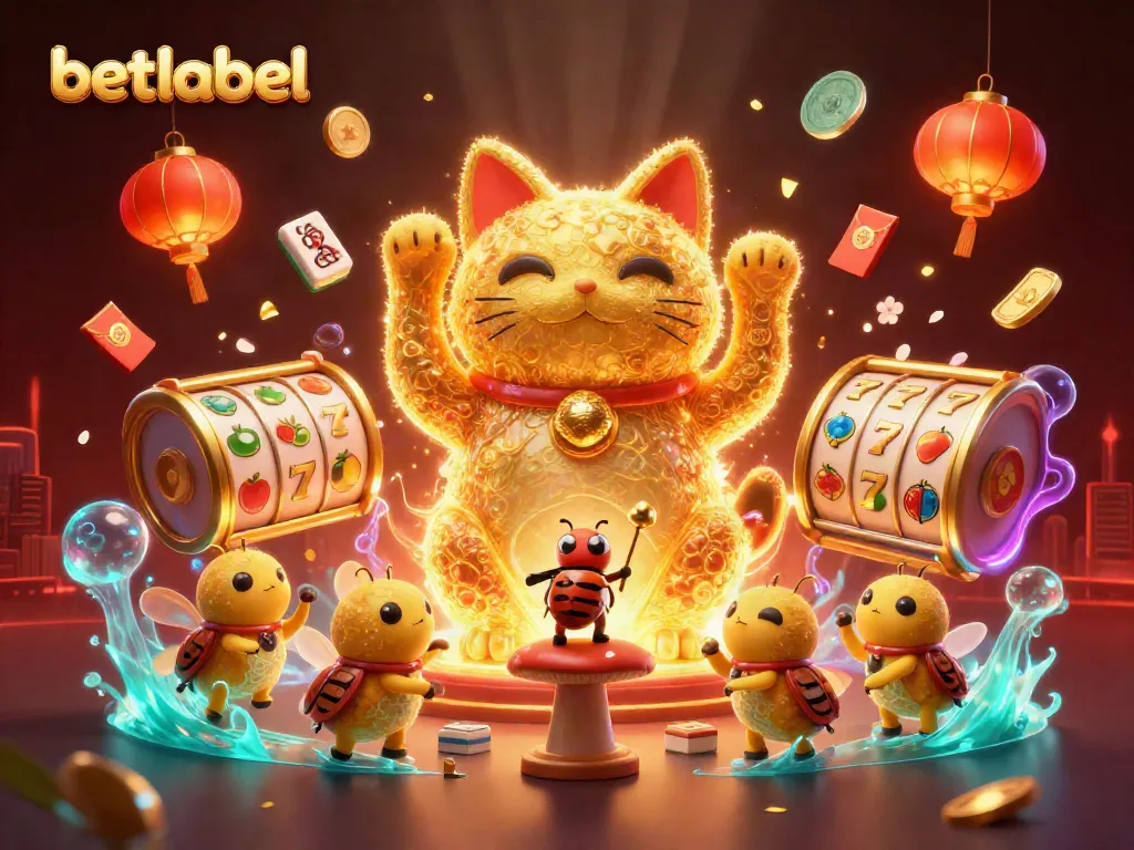 Betlabel showcases a vibrant lucky cat made of fireflies, enriched with casino symbols.