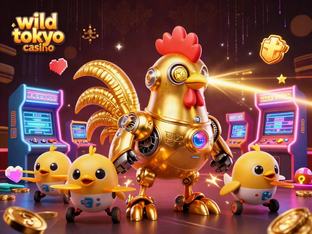 Experience the thrill of the wild tokyo casino with dynamic gaming action featuring a retro-futuristic rooster robot.