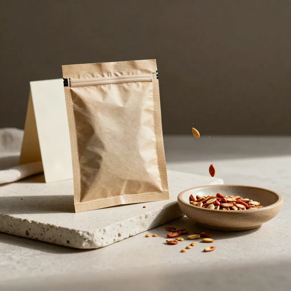 Sachet di semi di pomodoro Cuore di Bue con semi sparsi e piccola ciotola in terracotta