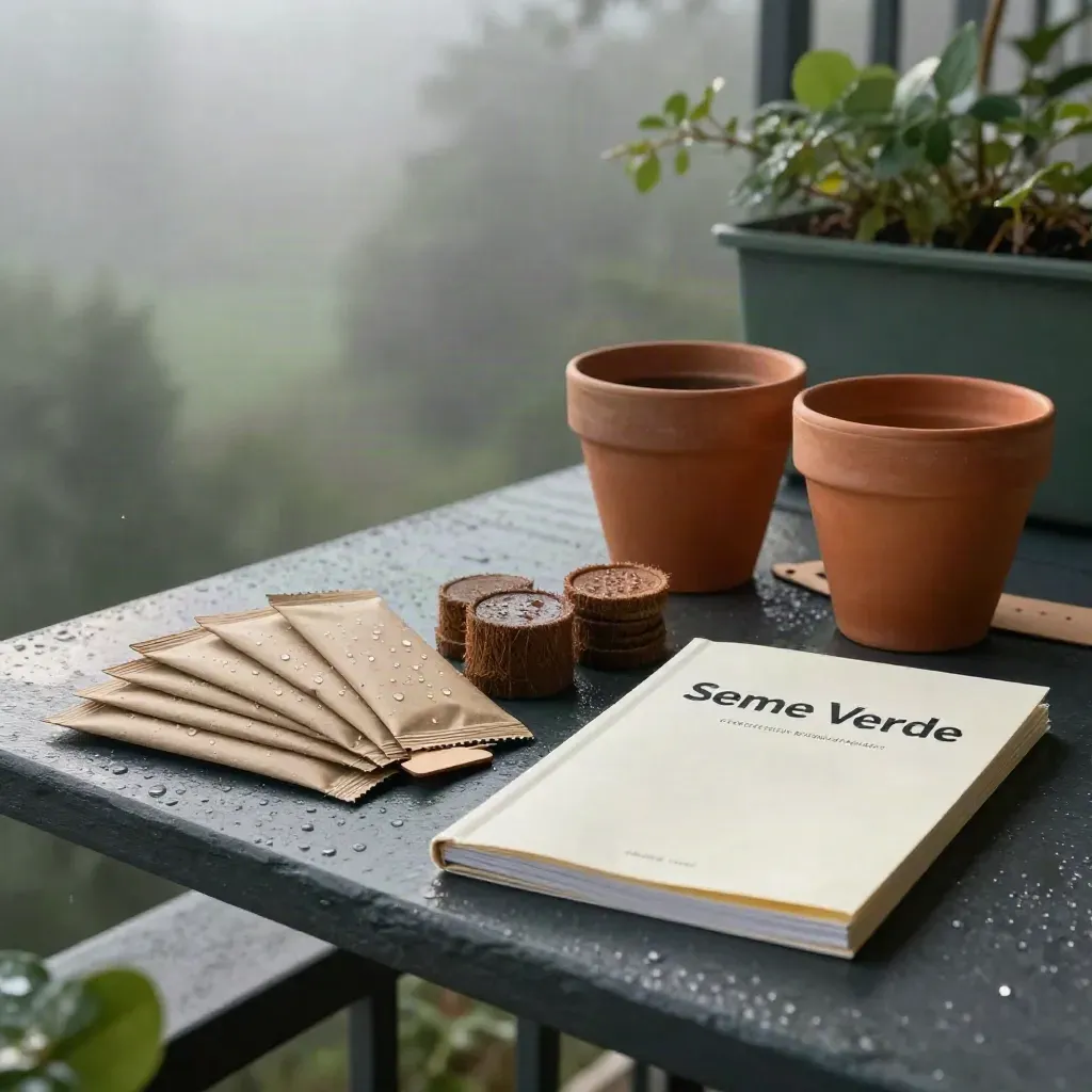 Starter kit per balcone con bustine di semi, tavolette di cocco e vasetti su ardesia bagnata.