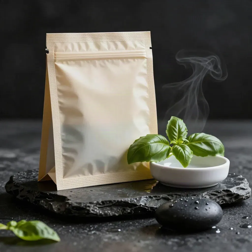Kit basilico con germoglio, ciotola di semi e ciottolo nero su pietra bagnata.
