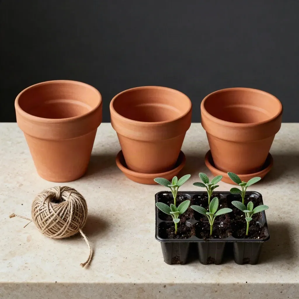 Kit vaso terracotta con vasi annidati, sottovaso, spago e piantine di erbe su pietra chiara.