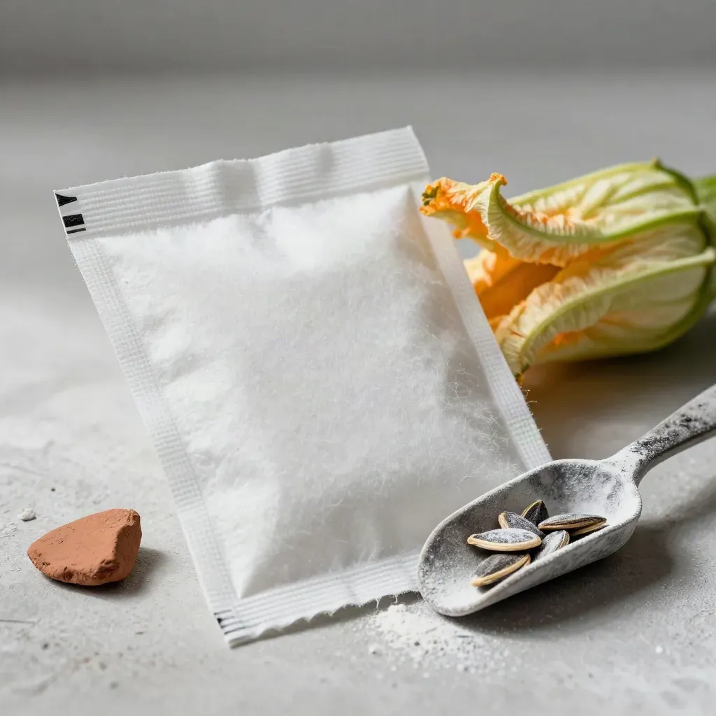 Sacchetto bianco di semi di zucchina con fiore pallido, coccio e cucchiaio su intonaco.