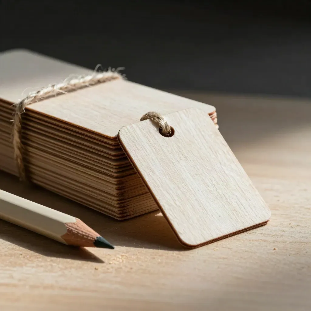 Etichette di legno per piante legate con spago, accanto a una matita chiara e un truciolo.