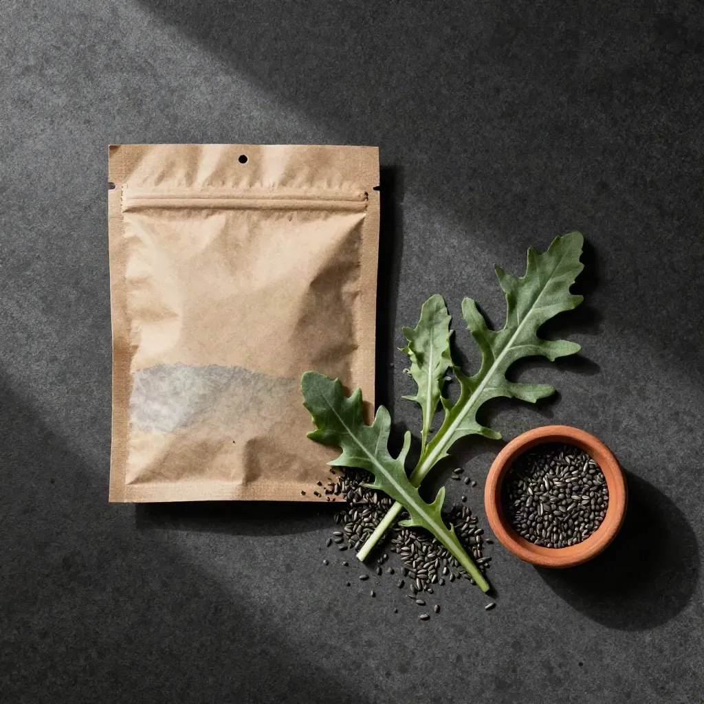 Bustina di semi di rucola selvatica con carta strappata, semi sparsi e foglie seghettate.