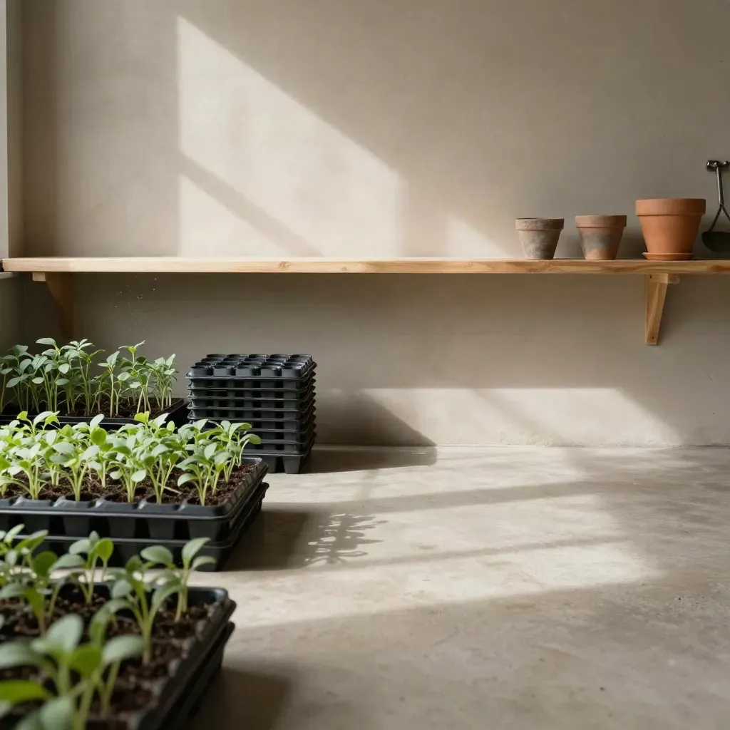 Shed da giardinaggio luminoso con piantine, vasetti e attrezzi sospesi in luce obliqua.