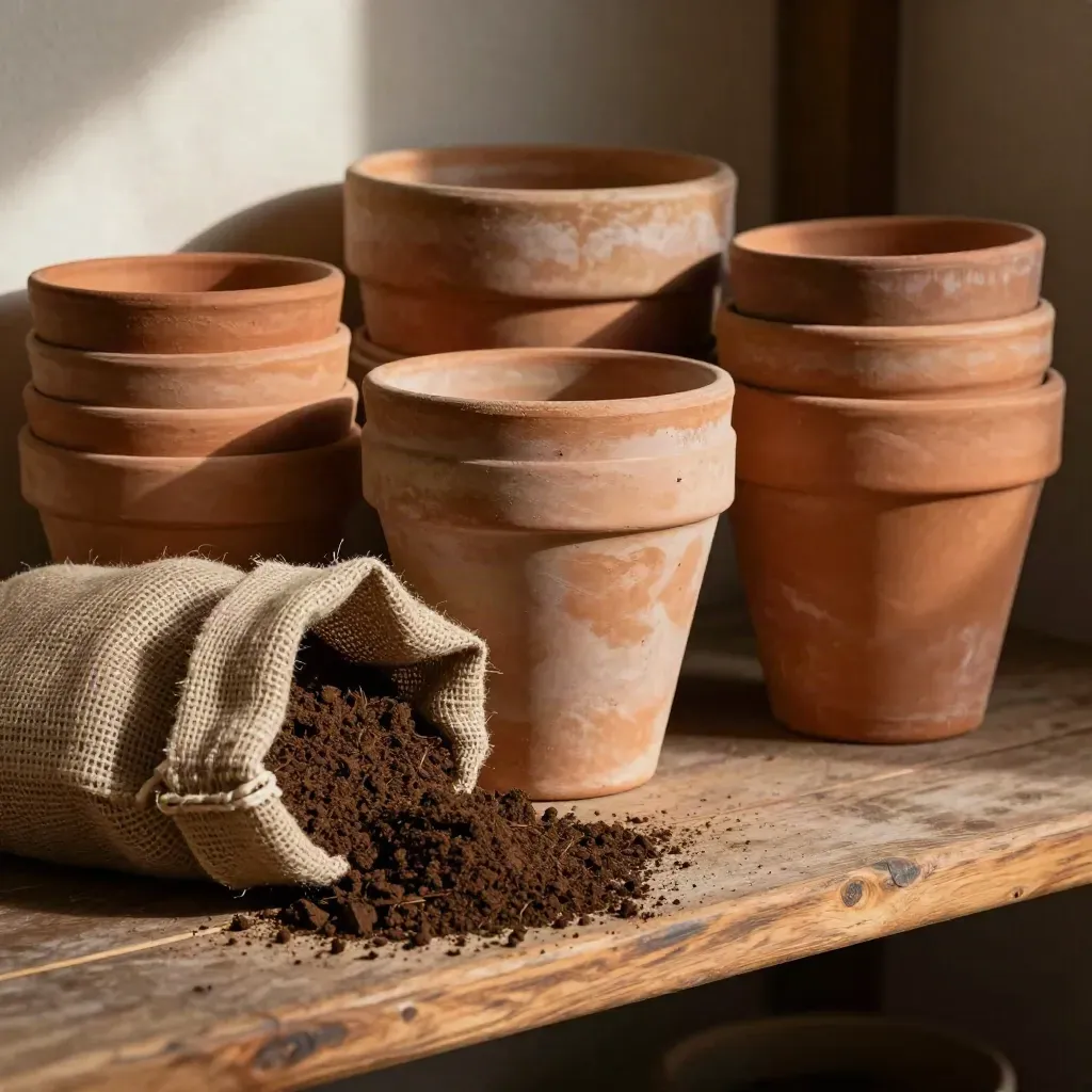 Vasi in terracotta con sacco di terriccio su mensola di legno in luce calda